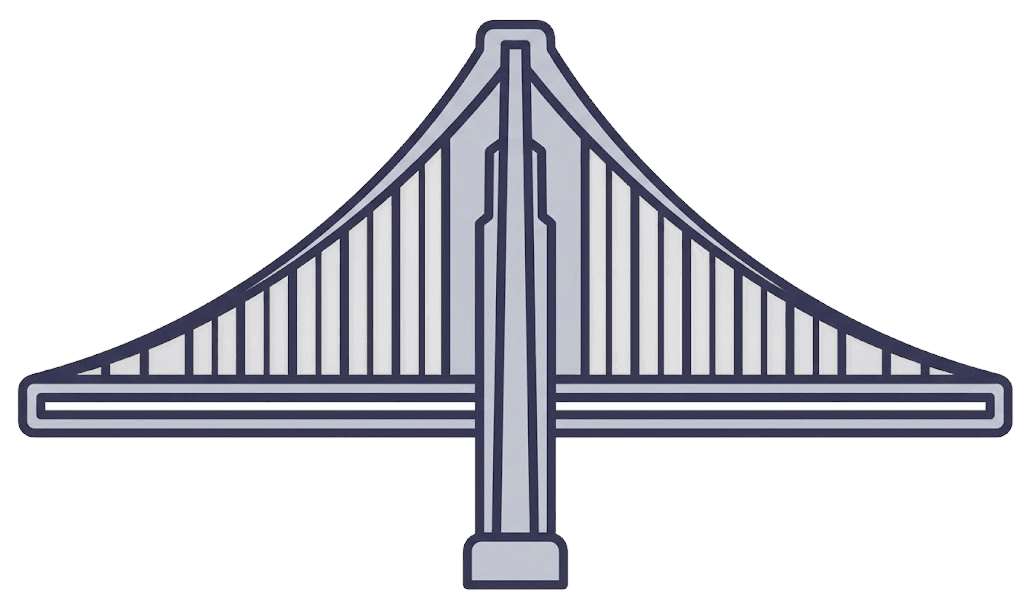 Stylized icon of a suspension bridge featuring a light grey central tower, dark blue support cables, and a flat deck.