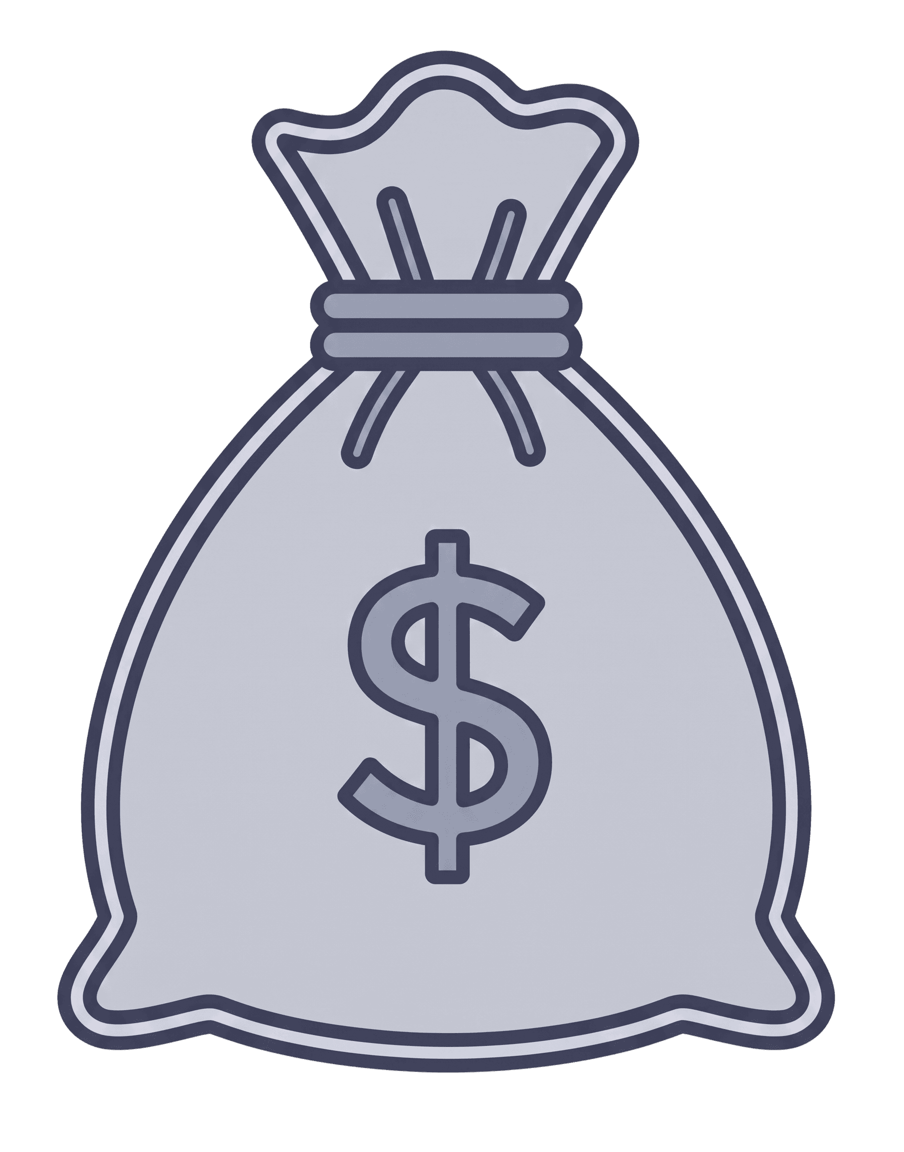 Icon of a tied money bag in grey with a prominent dollar sign.