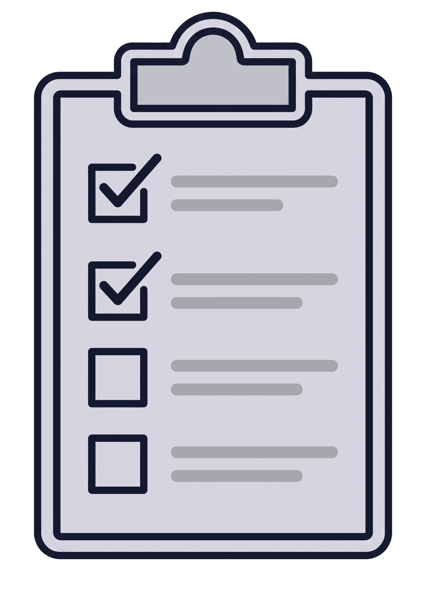 Clipboard with a checklist, showing two items checked as complete and two items unchecked.