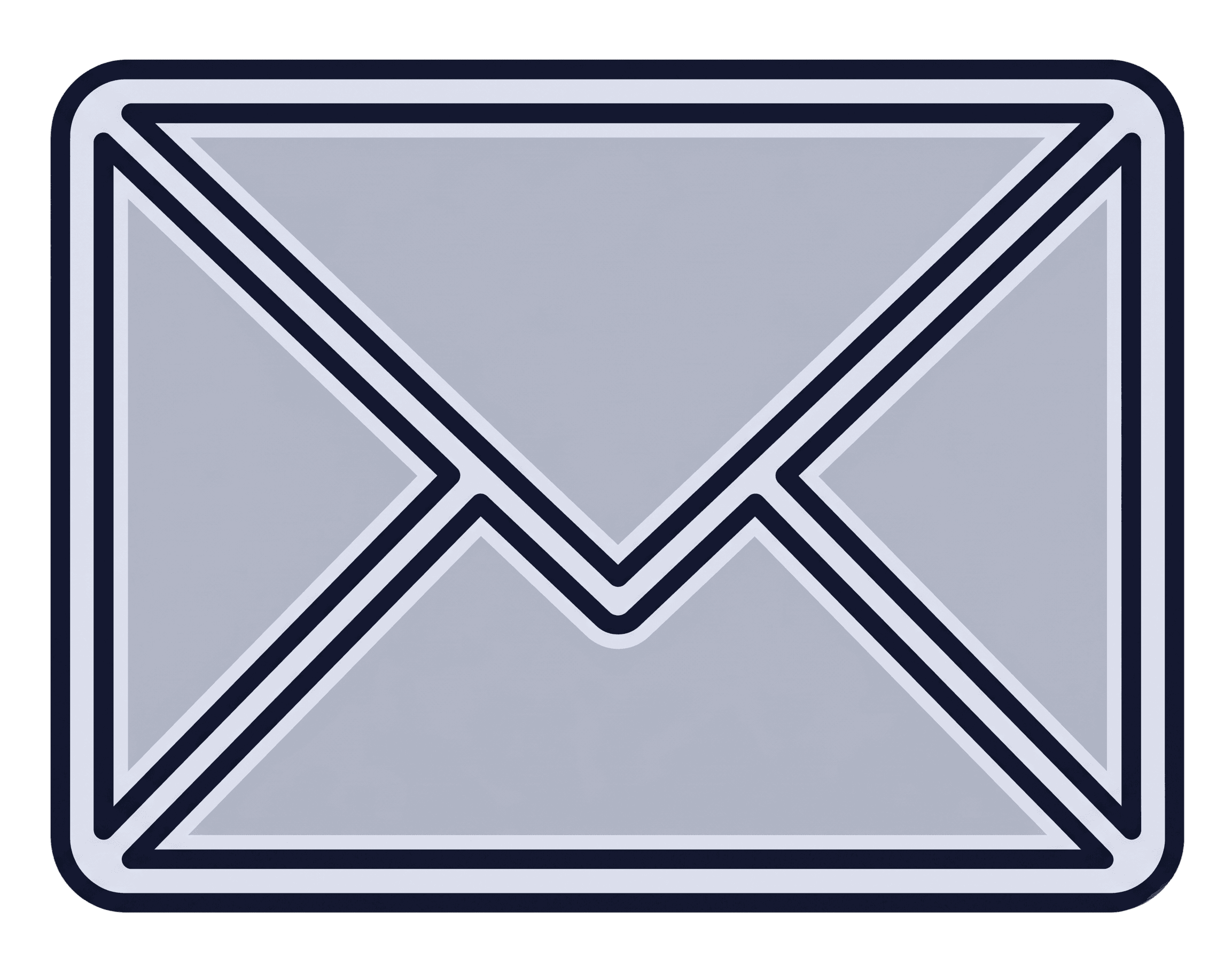 A stylized envelope icon with rounded corners, featuring a light grey center outlined by layered white and dark blue lines.
