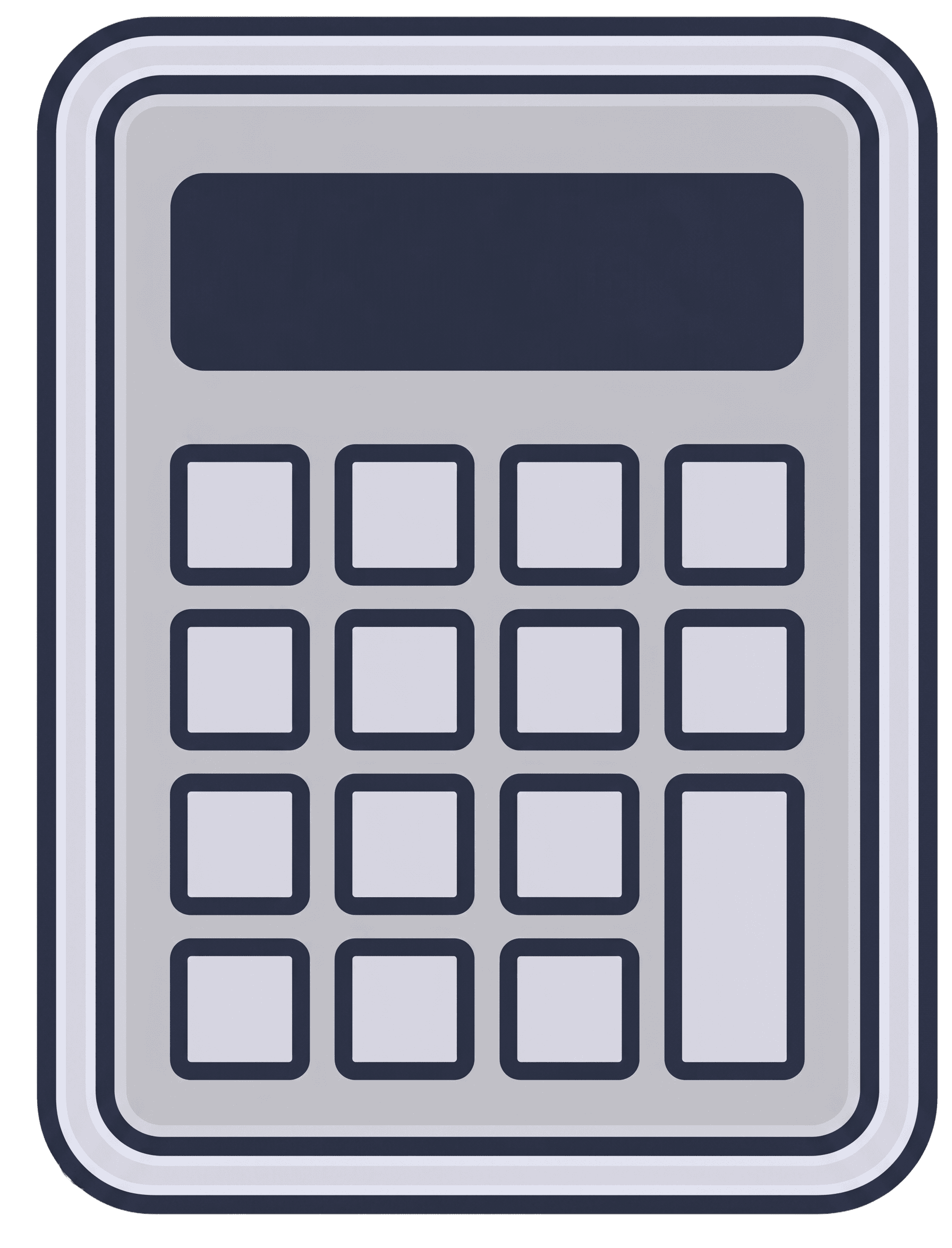 A minimalist calculator icon with a dark grey screen, light grey body, and sixteen light grey buttons with dark borders, including a wider rectangular button. The design features a multi-layered border.