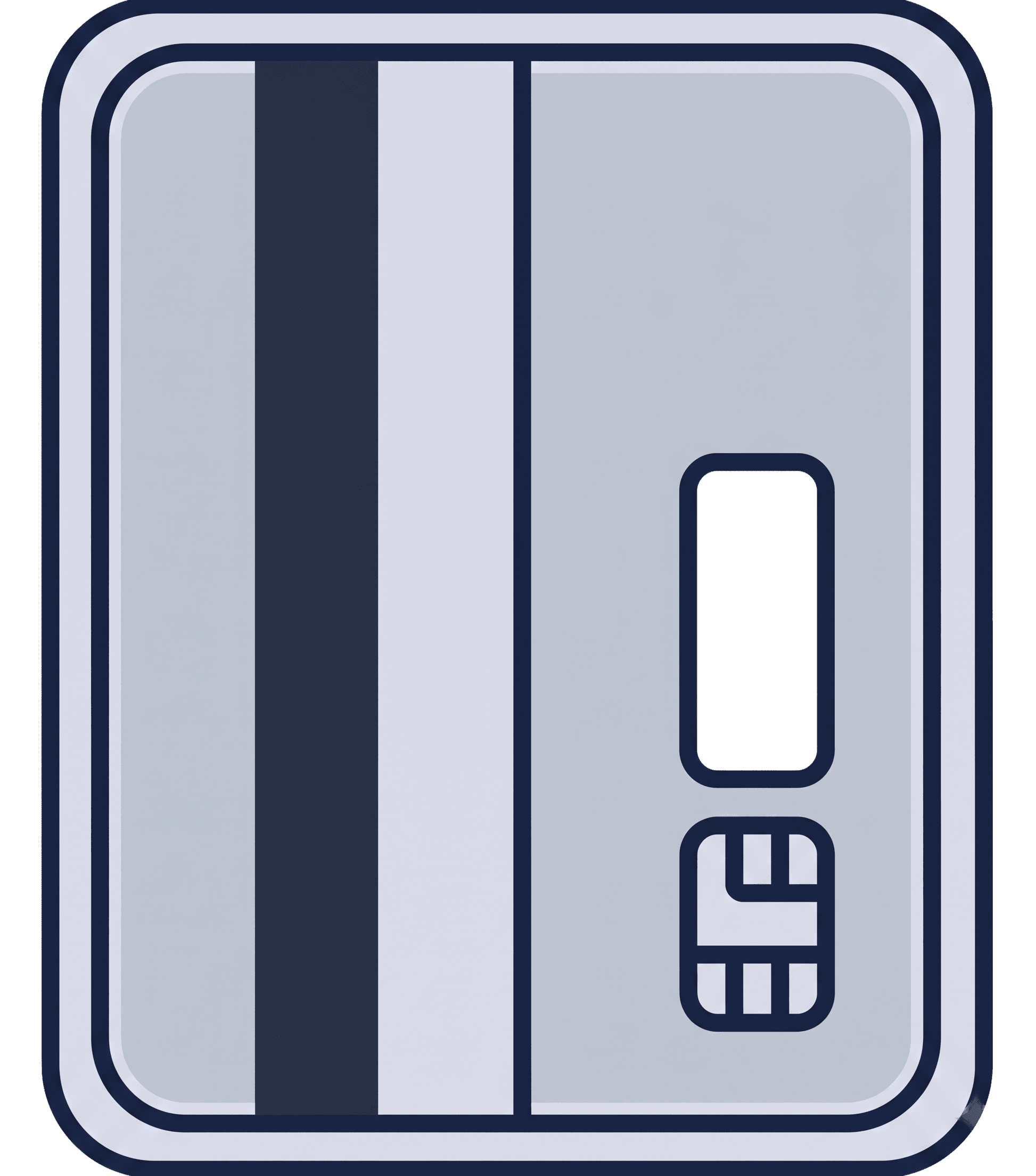 Credit card icon featuring a dark magnetic stripe, a white signature panel, and an EMV chip design.