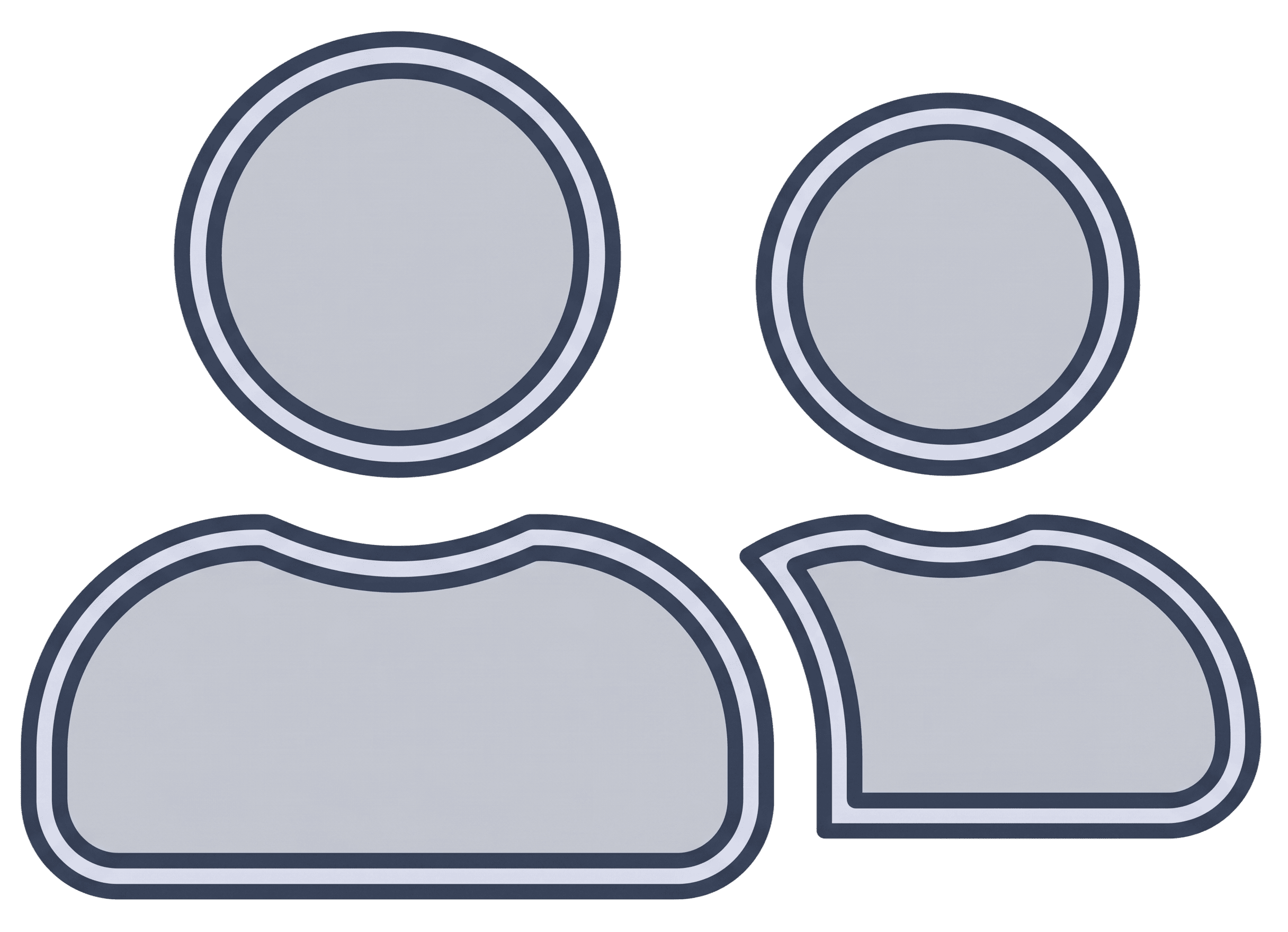 Two user profile icons, one larger and one smaller, outlined in dark blue and white.