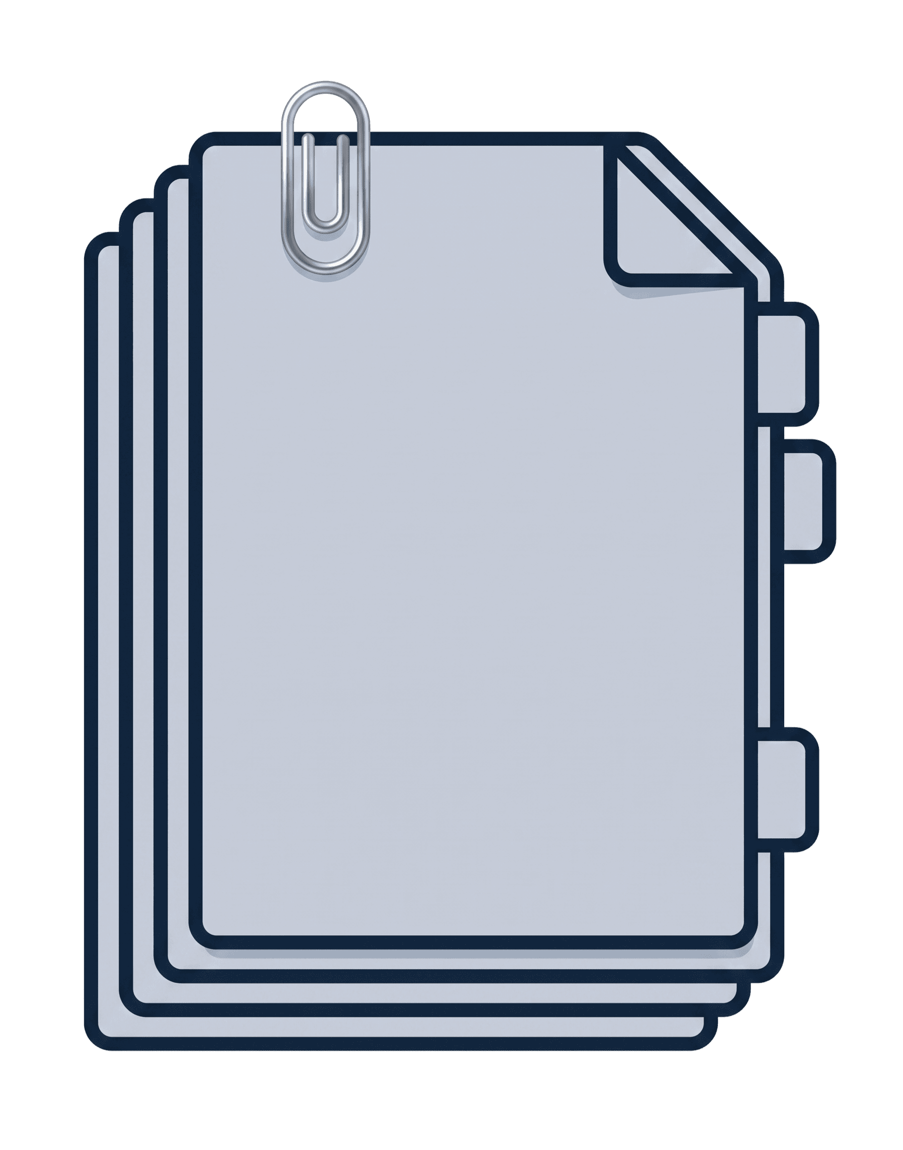A stack of light grey documents with a silver paperclip attached to the top sheet and three index tabs visible on the right side.