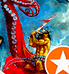 A golden-armored warrior raises a sword against a massive red dragon, set against a dramatic blue sky.