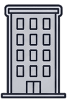 Stylized gray four-story building with multiple rectangular windows and a double entrance door.