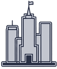 Stylized city skyline icon featuring multiple tall buildings, with a prominent central skyscraper topped with a flag.
