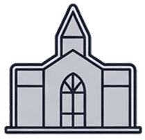 Simplified grey icon of a church or chapel with a central steeple and arched window.