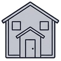 Minimalist line art icon of a two-story house with a pitched roof, two upper windows, and a front door.