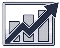 A bar chart framed in grey, featuring three grey bars and a dark blue arrow that dips down before rising sharply upwards, symbolizing fluctuating growth or recovery.