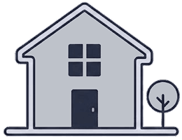 Icon of a stylized gray house with a window and a dark door, next to a small tree.