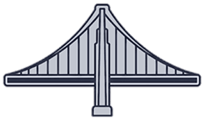 Simple graphic illustration of a suspension bridge, showing a central tower with main cables arcing down to a horizontal bridge deck.