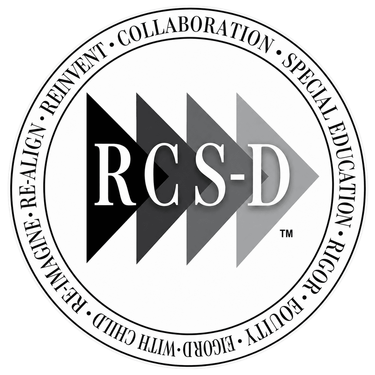 RCS-D logo with white text over gradient arrows, surrounded by circular text listing principles like Collaboration, Special Education, Rigor, and Equity.